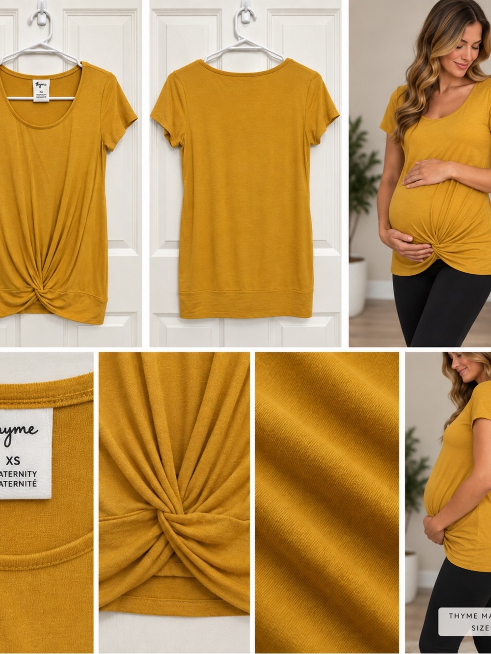Thyme Maternity Mustard Short Sleeve Twist-Front Tee